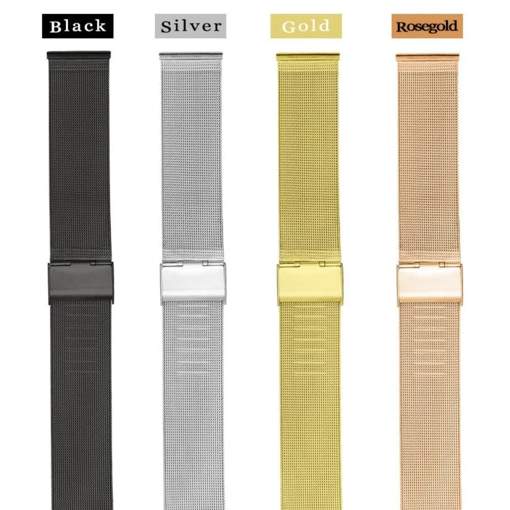 Milani silk woven stainless steel watch replacement strap in silver, black, rose gold, and gold colours