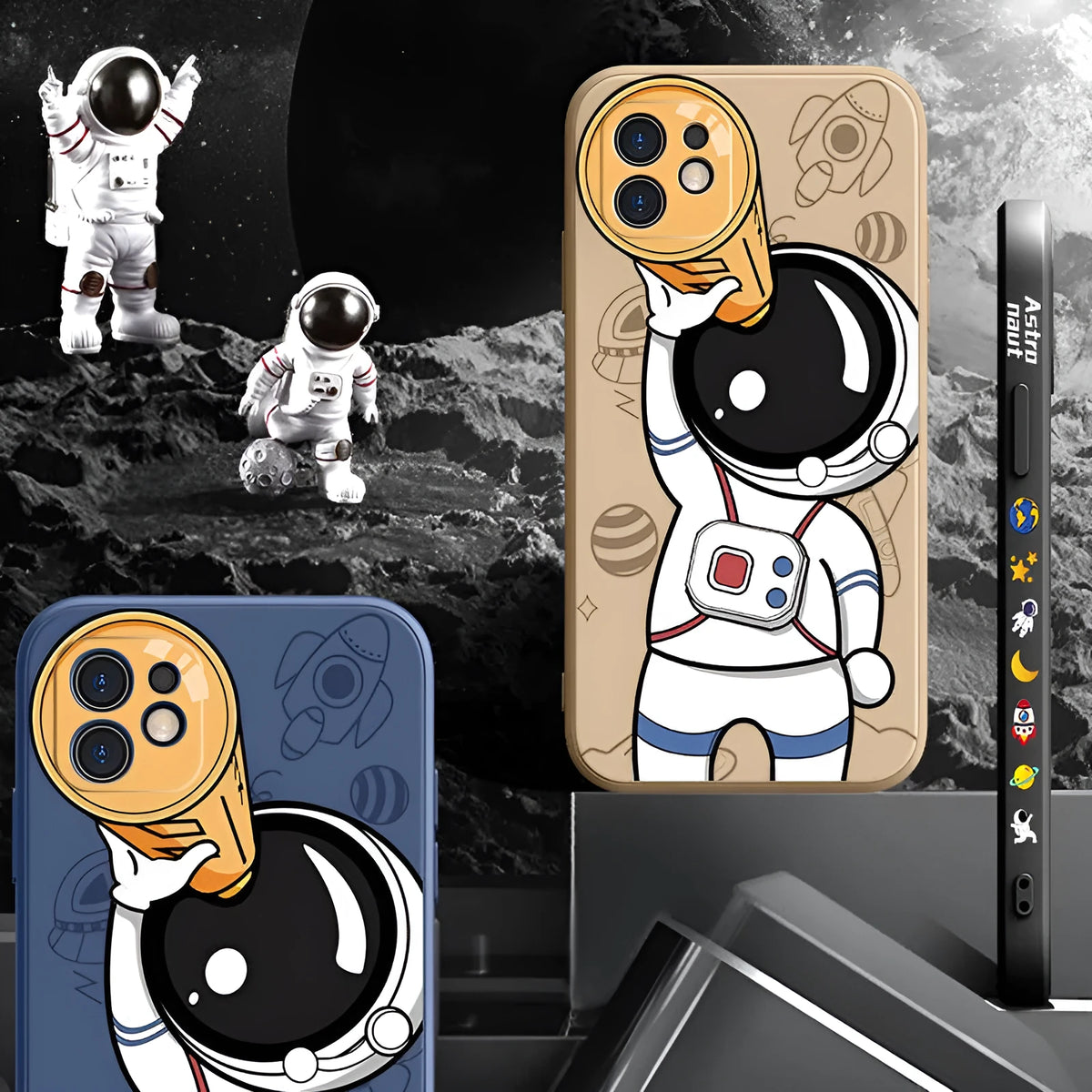 Silicone iPhone case with cartoon astronaut and starry sky design in black, khaki, or blue