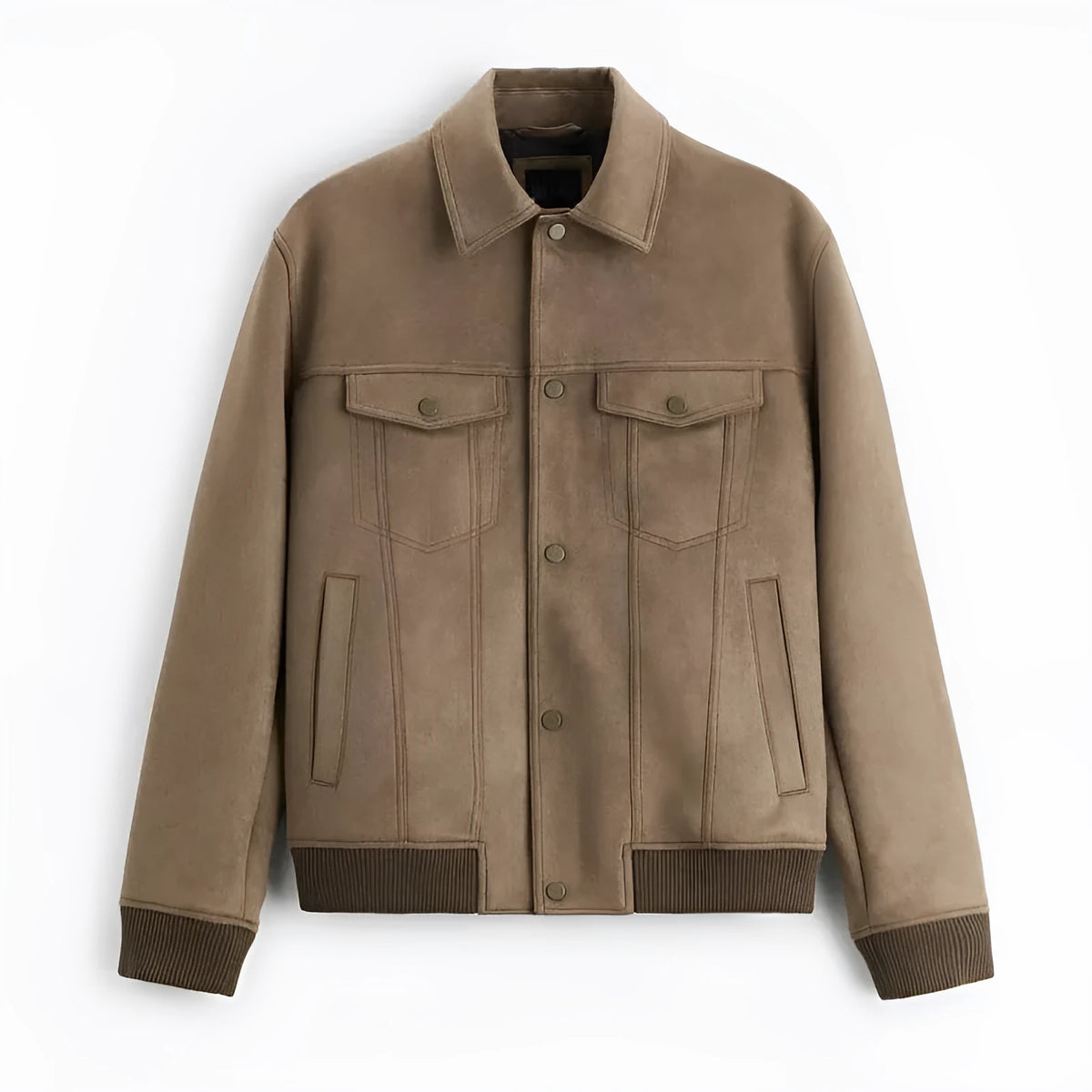 British style suede velvet commuter jacket in mink or light grey with spandex stretch fabric and long sleeves