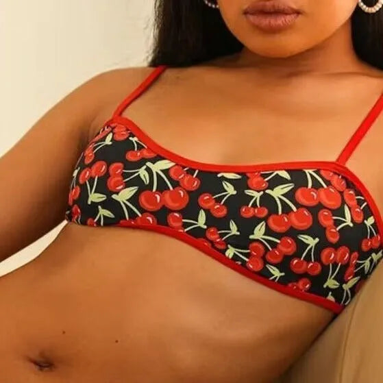 Women's cherry print tube top bikini swimsuit with floral pattern and briefs style
