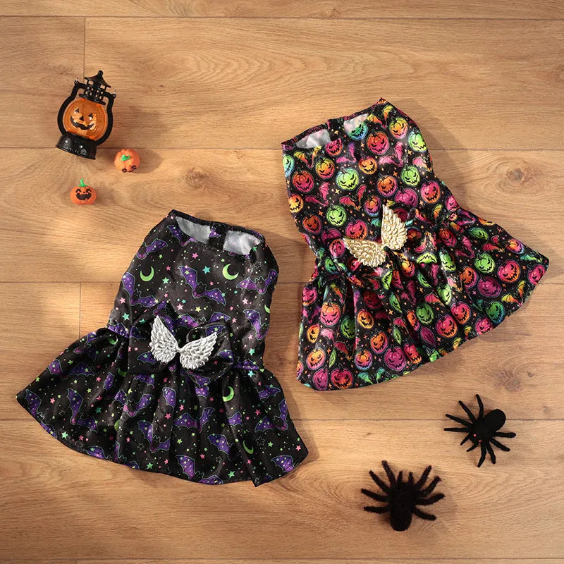 Orange or black angel wings Halloween costume for a dog, made from polyester.
