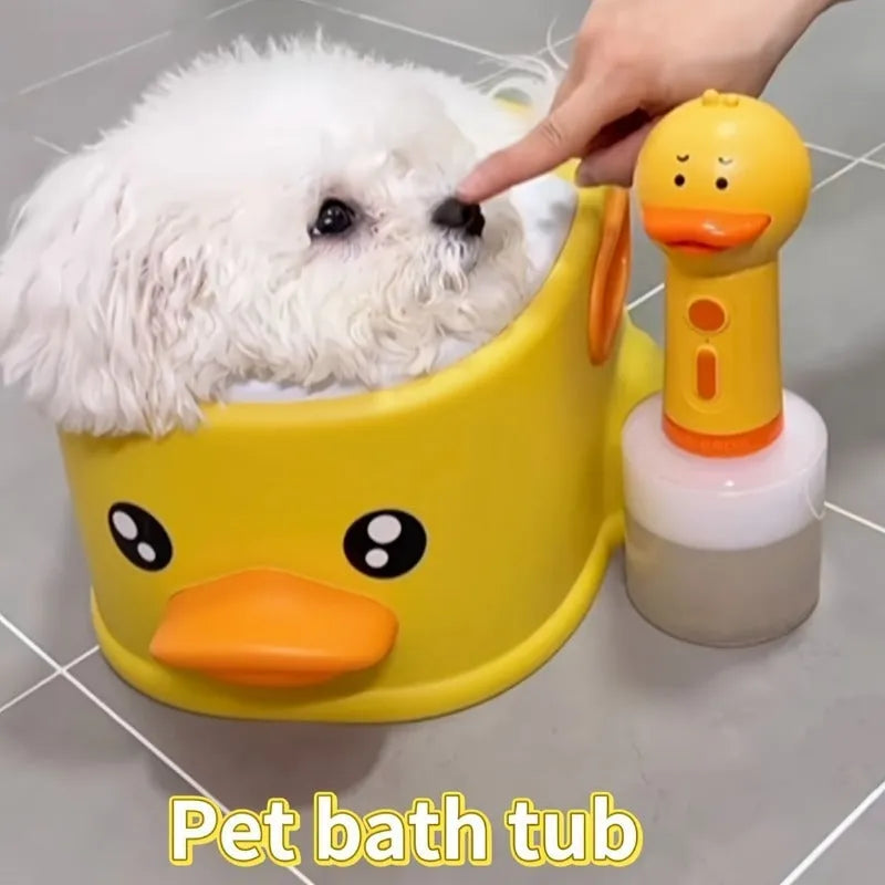 Blue PVC duck-shaped bathtub for washing dogs and cats on grass