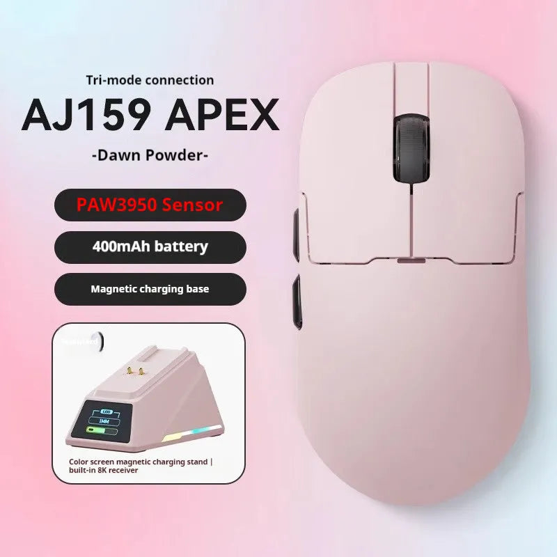 AJ159 white and black gaming mouse with three-mode connectivity on a mouse mat