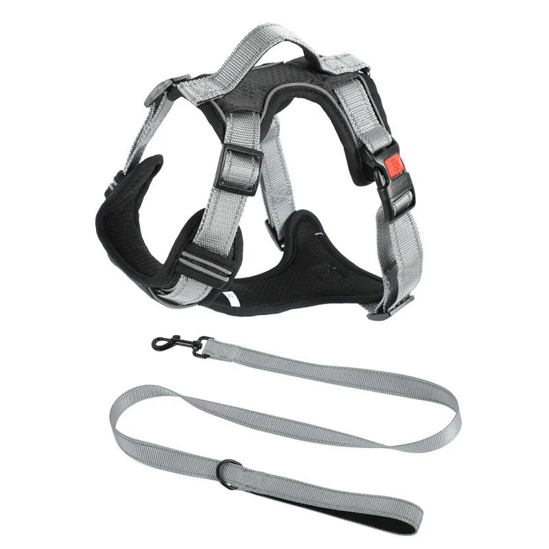 Adjustable polyester dog chest harness in multiple colours with optional hand-holding rope attached.