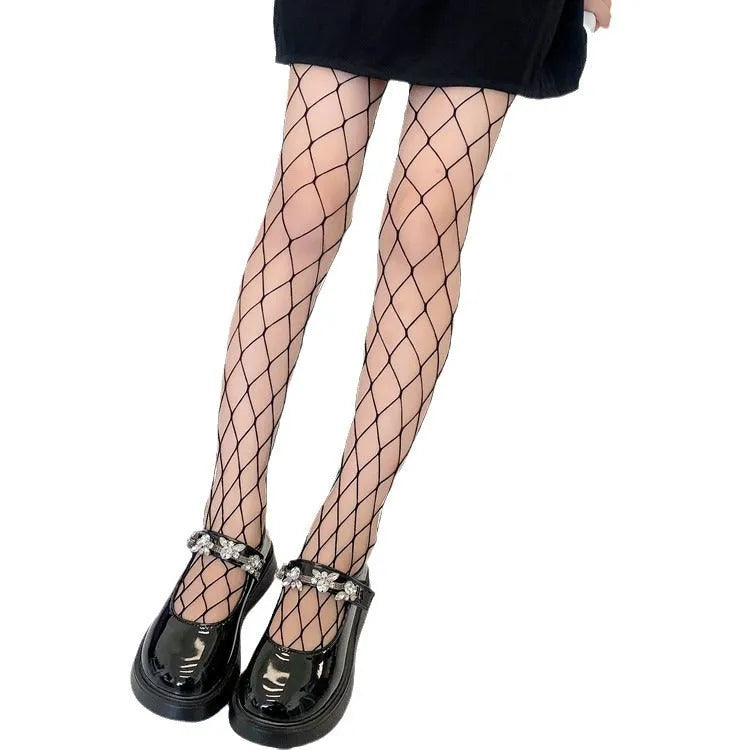 Women's summer stockings showing large, medium, and small mesh patterns in black and white colours.