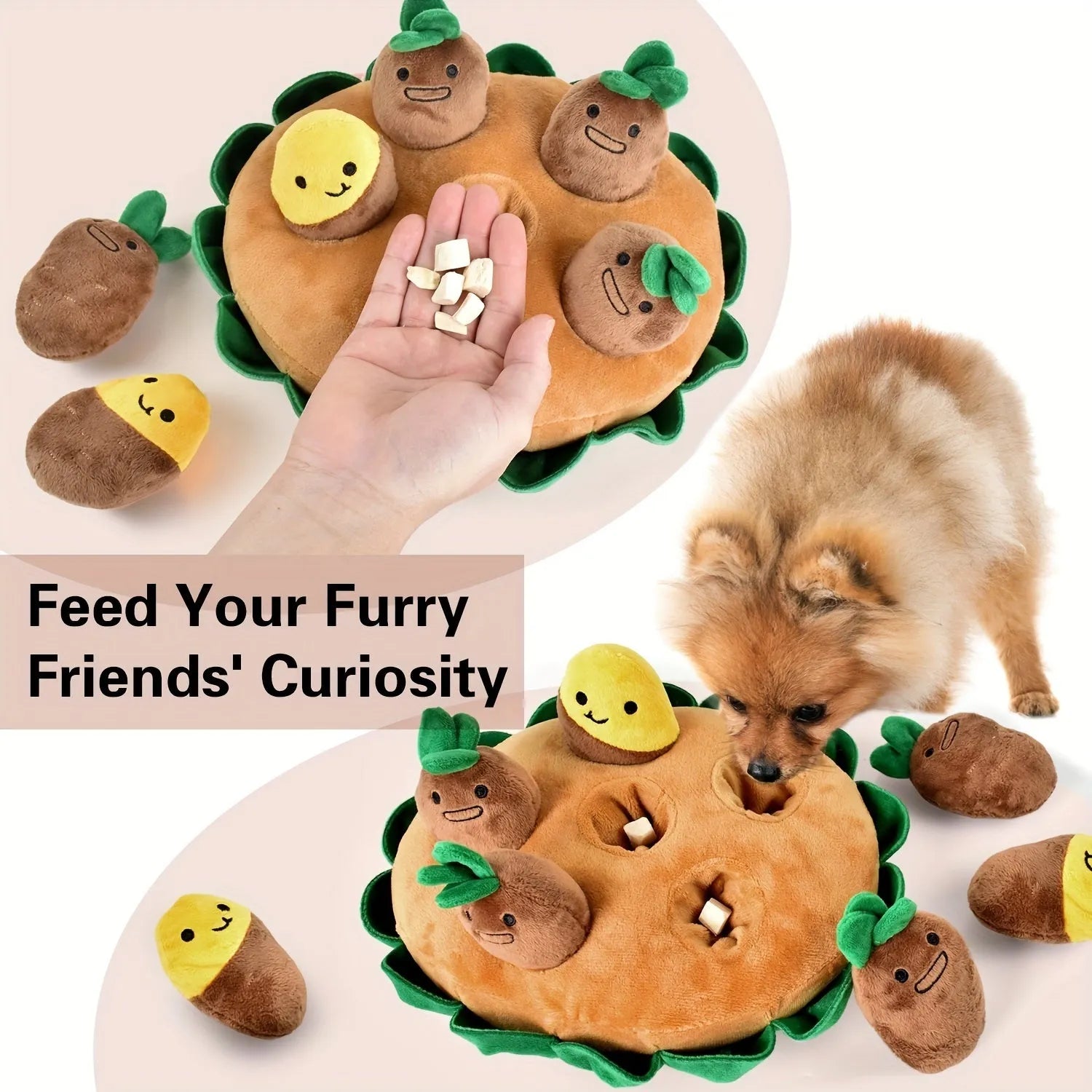 Yellow interactive dog puzzle toy with removable squeaky plush toys for foraging training