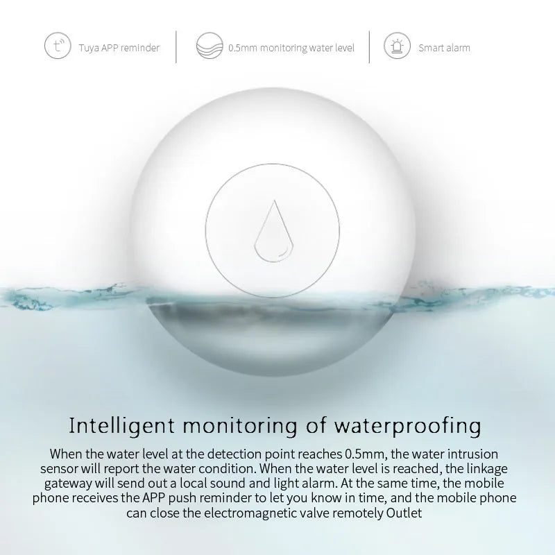 Small white Zigbee wireless water leak sensor for smart home flood detection.