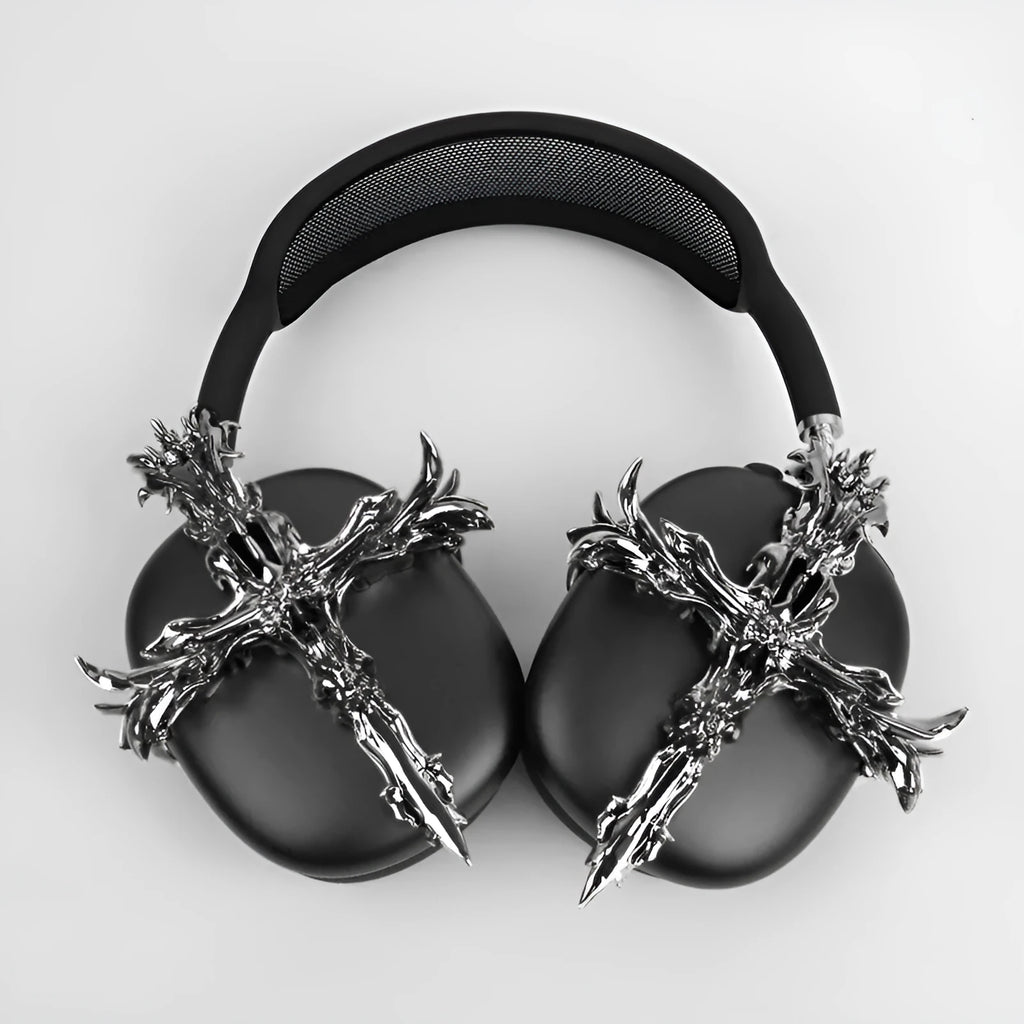 Gothic cross design hard resin cover for Apple AirPods Max headphones in black and silver.
