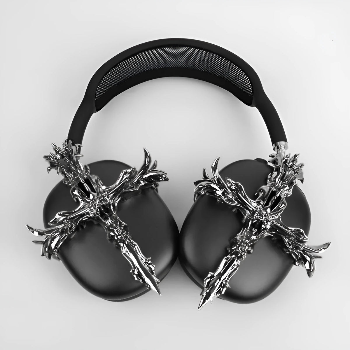 Gothic cross design hard resin cover for Apple AirPods Max headphones in black and silver.
