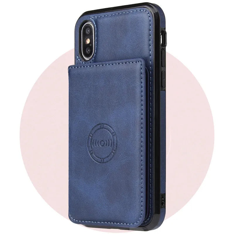Solid colour imitation leather card wallet phone case for iPhone shown in multiple colour options.