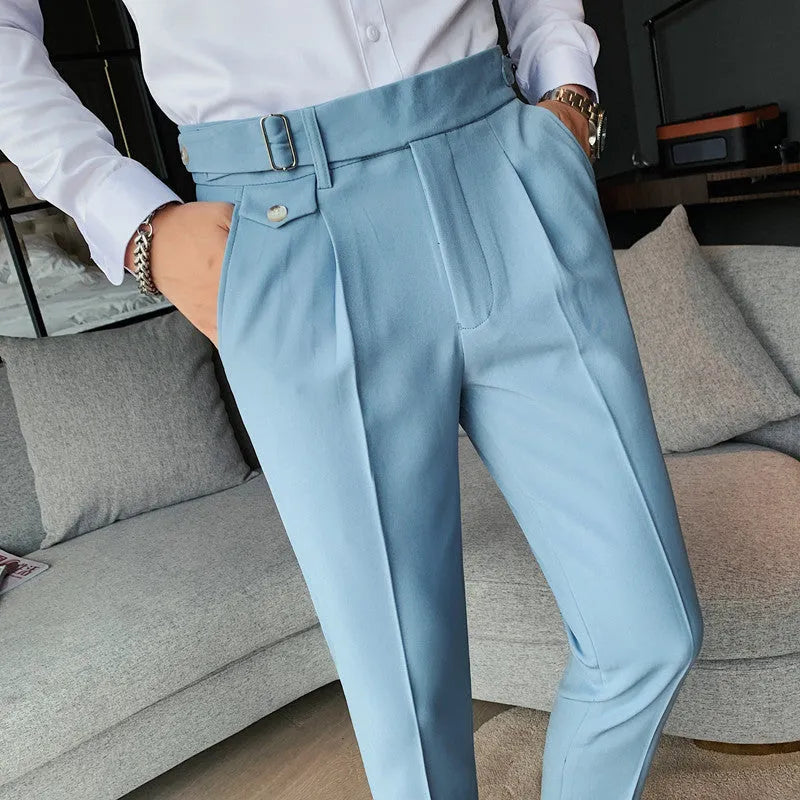 Men's straight-leg casual trousers in solid colours on a neutral background.