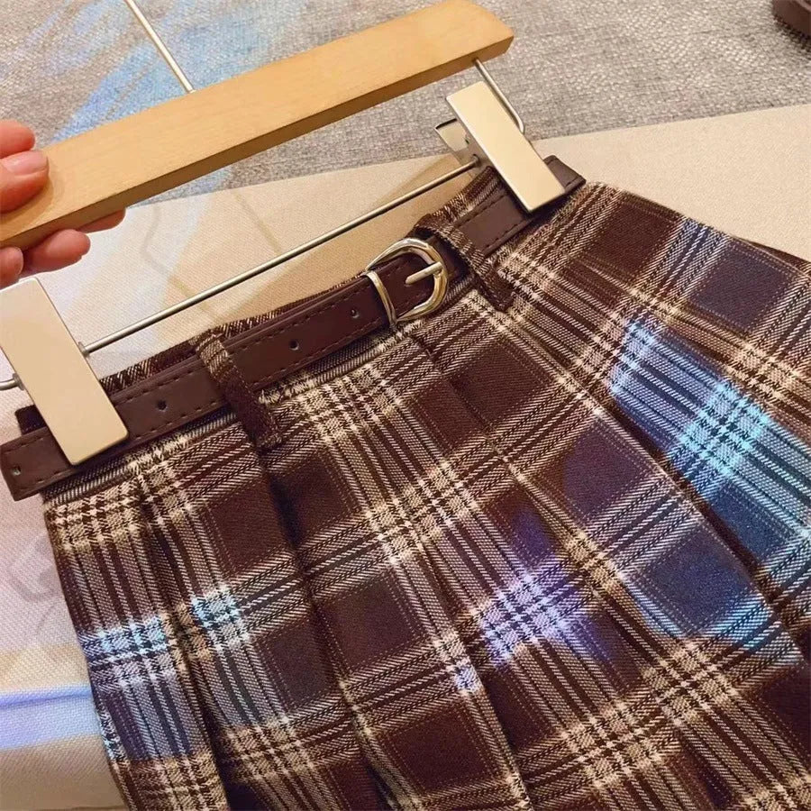 Girls plaid pleated cotton blend skirt with A-line design in six height sizes