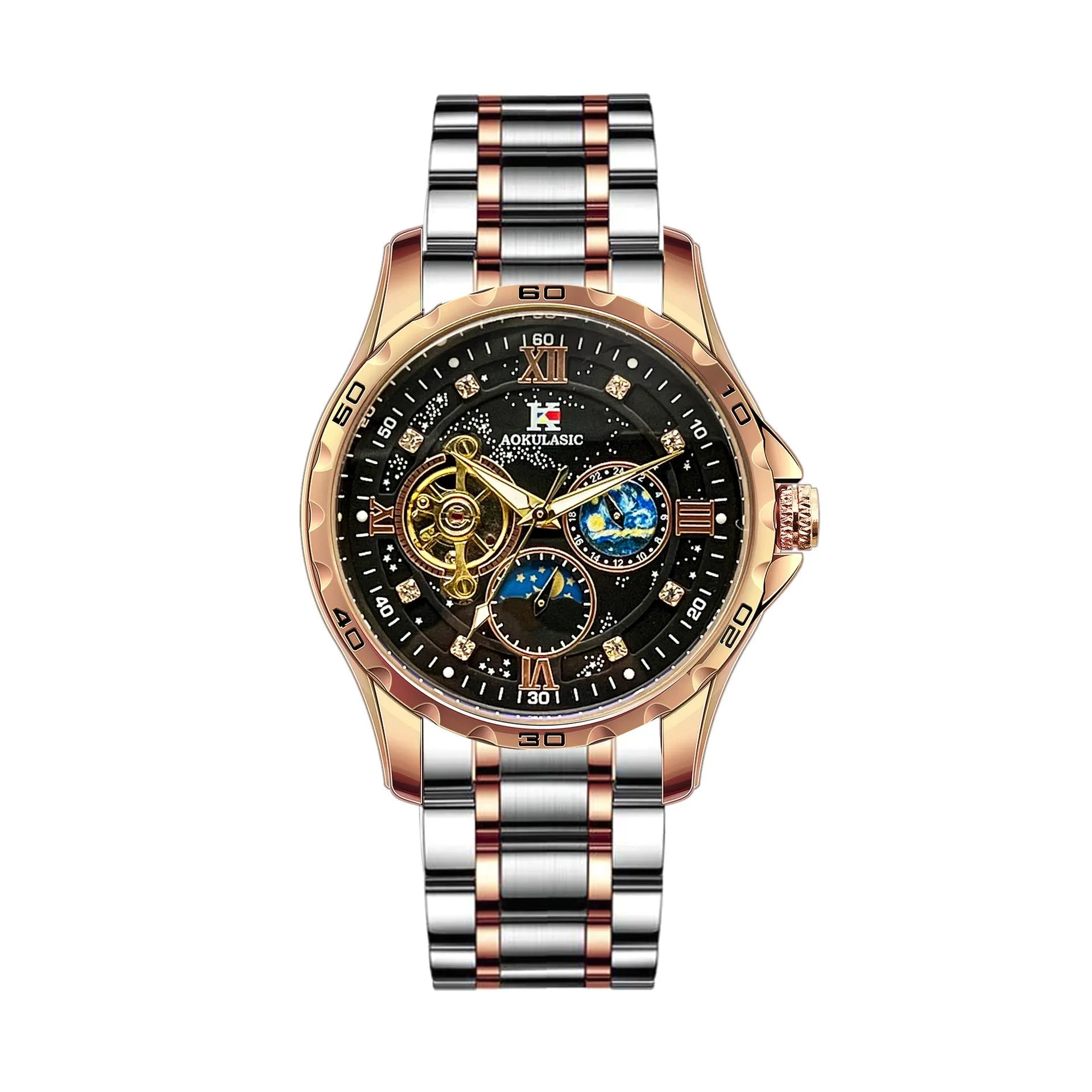 Men's automatic mechanical watch with rose gold shell case and black dial face showing 12mm thickness