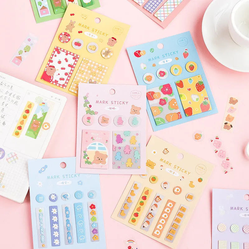 PVC index stickers measuring 15 by 50mm in twelve decorative styles and colours for study notes