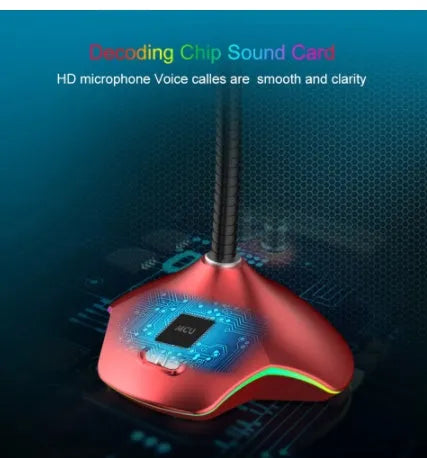 Black wired condenser microphone with integrated desktop stand and foam windscreen pop filter.