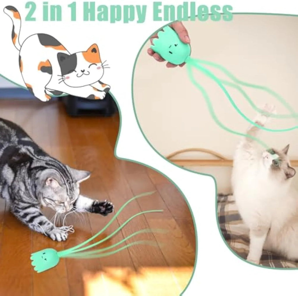 Rechargeable automatic cat toy wand with green silicone swinging tails for indoor cat play