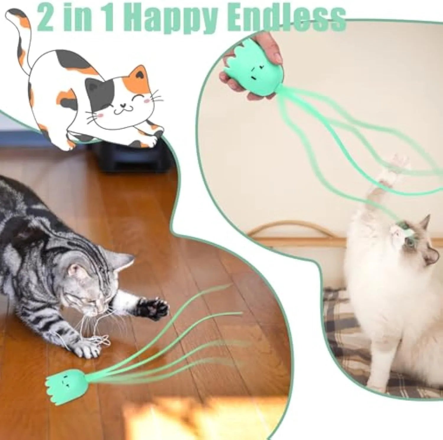 Rechargeable automatic cat toy wand with green silicone swinging tails for indoor cat play