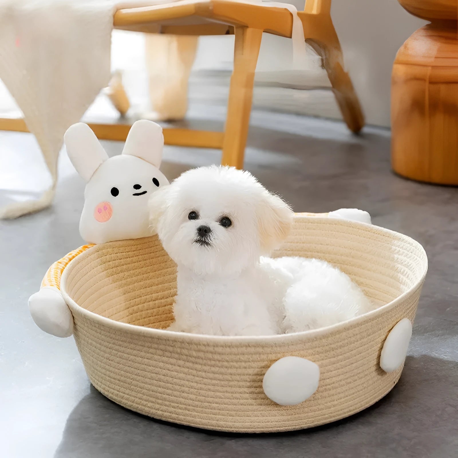 Woven cotton rope cat bed and scratcher basket in bear design, showing textured surface.