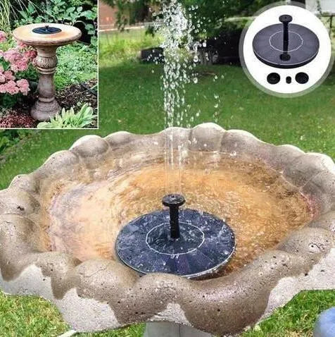 Black solar-powered floating water fountain pump with four spray nozzles on a 16cm square base.