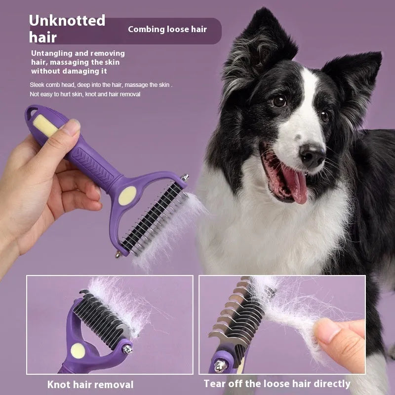 Purple double-sided plastic pet comb with ergonomic handle for removing tangles from cat and dog fur.