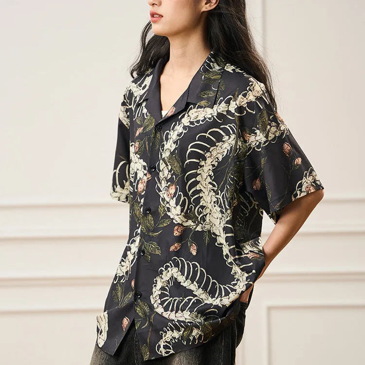 Men's loose fit short sleeve Cuban collar shirt with snake bone floral pattern print in assorted colours.