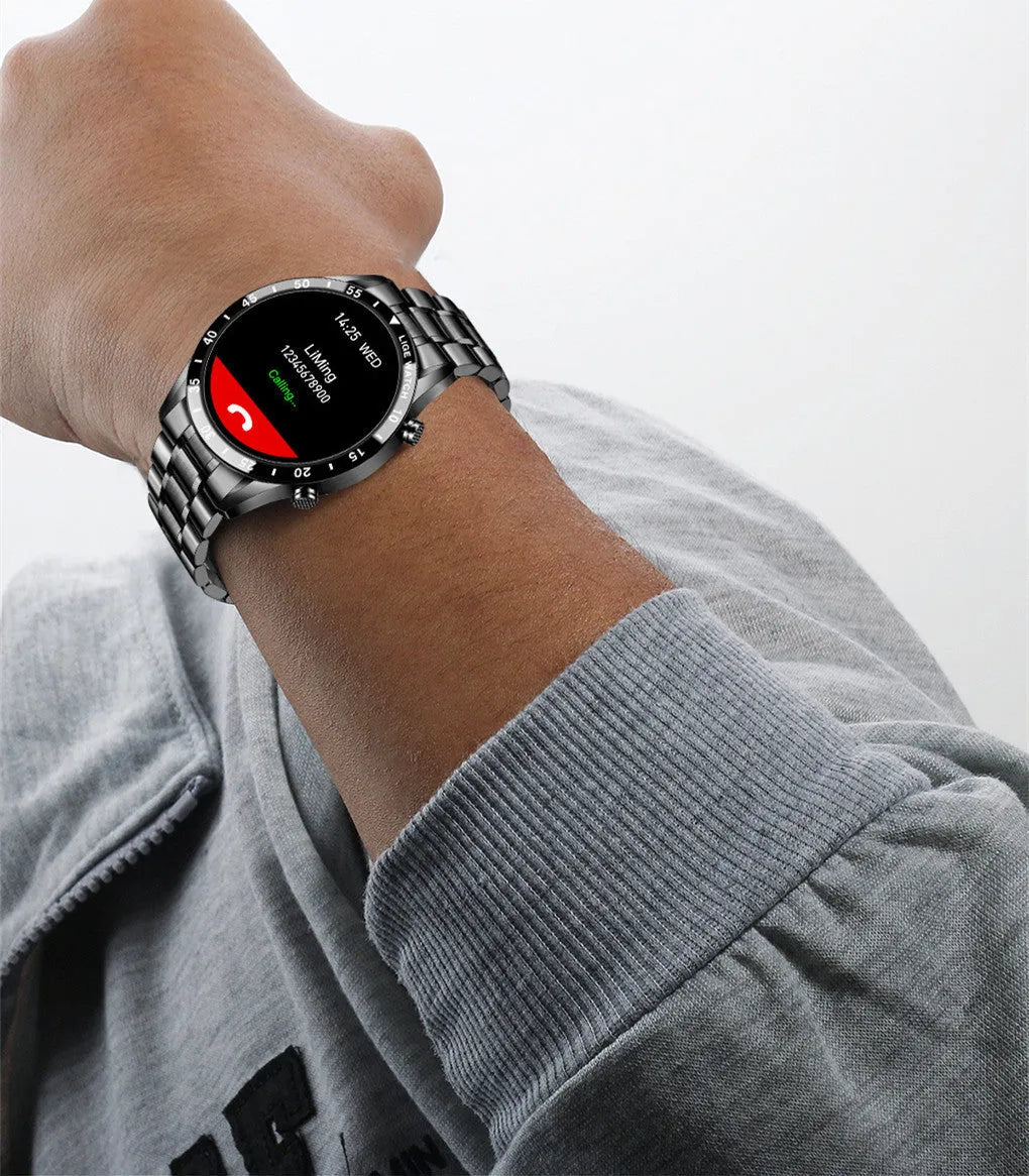 Smart watch with stainless steel band and 1.3-inch touch screen display showing step counter interface