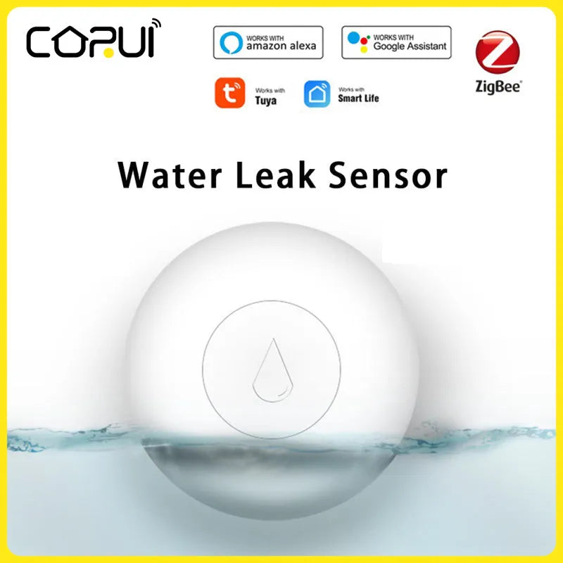 Small white Zigbee wireless water leak sensor for smart home flood detection.