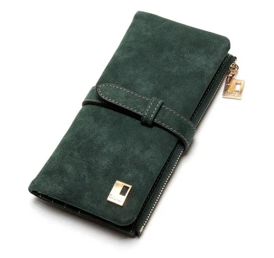 Vertical long Pu leather wallet with zip closure open to show card slots, note compartment, and phone pocket.