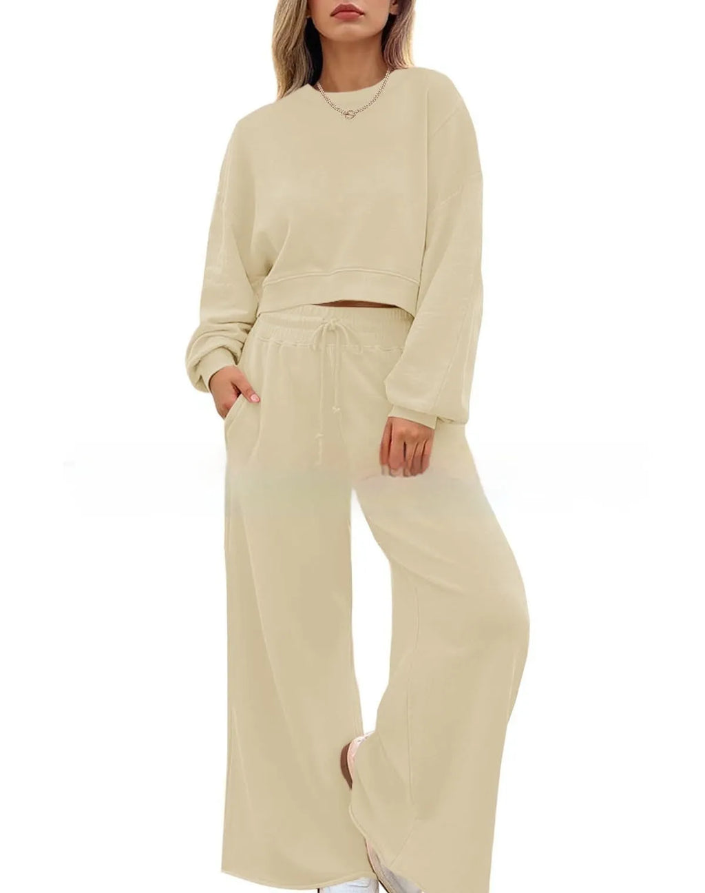 Women's solid colour polyester trousers set with long sleeve top and matching pants