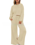 Women's solid colour polyester trousers set with long sleeve top and matching pants