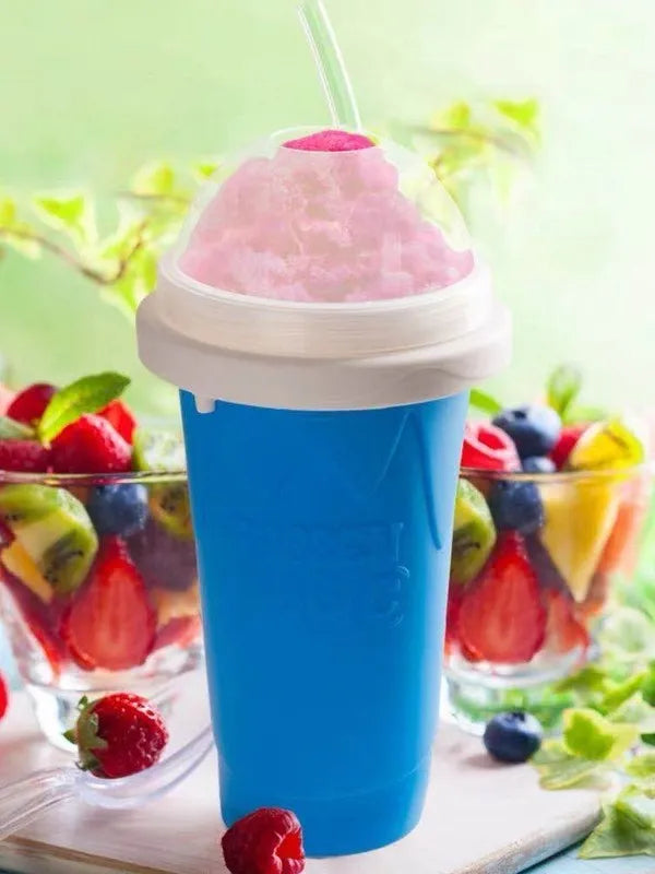Blue double wall silicone cold shake cup with cylindrical shape and pinch activation for instant beverage cooling