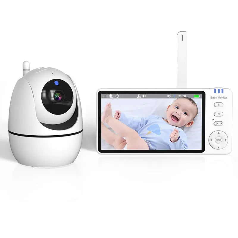 White baby monitor with 5-inch HD screen showing baby monitoring display