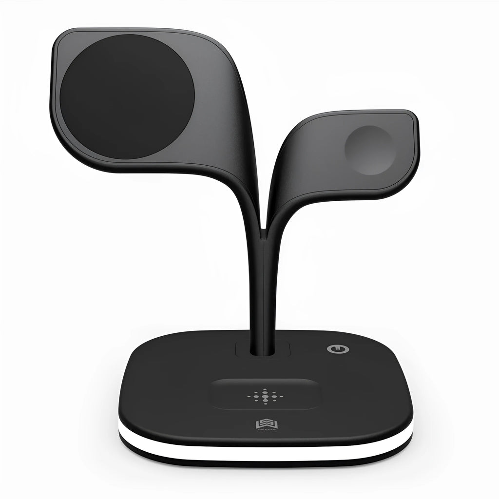 Black 3-in-1 wireless charging station holding a phone, smartwatch, and headphones on a desk.