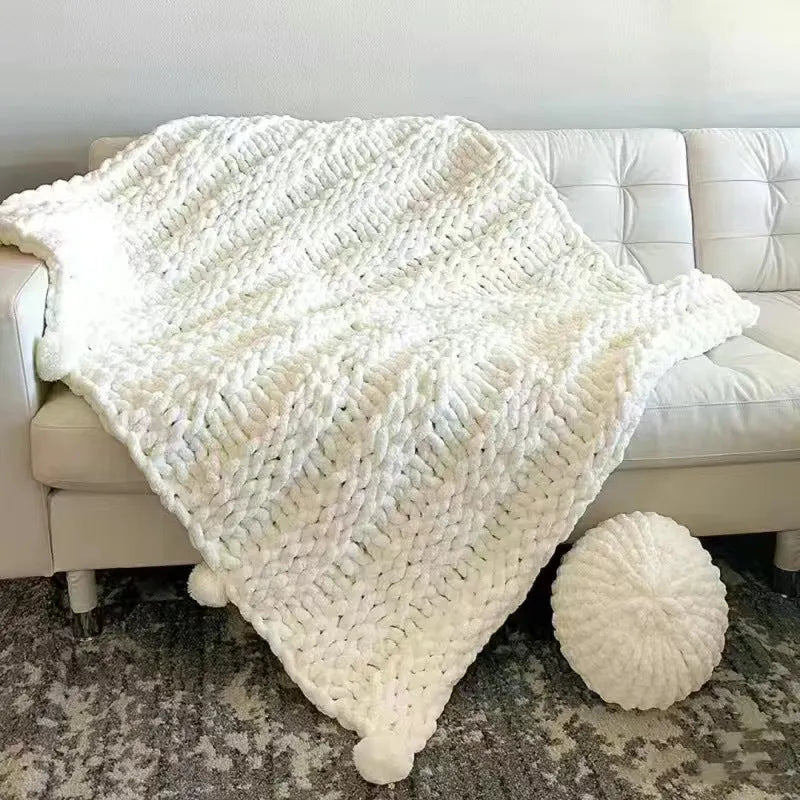 Coarse yarn chenille knitted blanket with braided gravity edge in modern simplicity style
