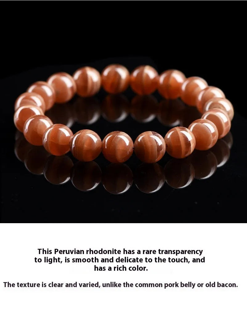 Natural old mine rhodochrosite round beads bracelet from Peru with geometric shape and Ruyi design elements