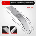 Stainless steel folding utility knife and art knife with black blade, plus spare long and trapezoidal blades.