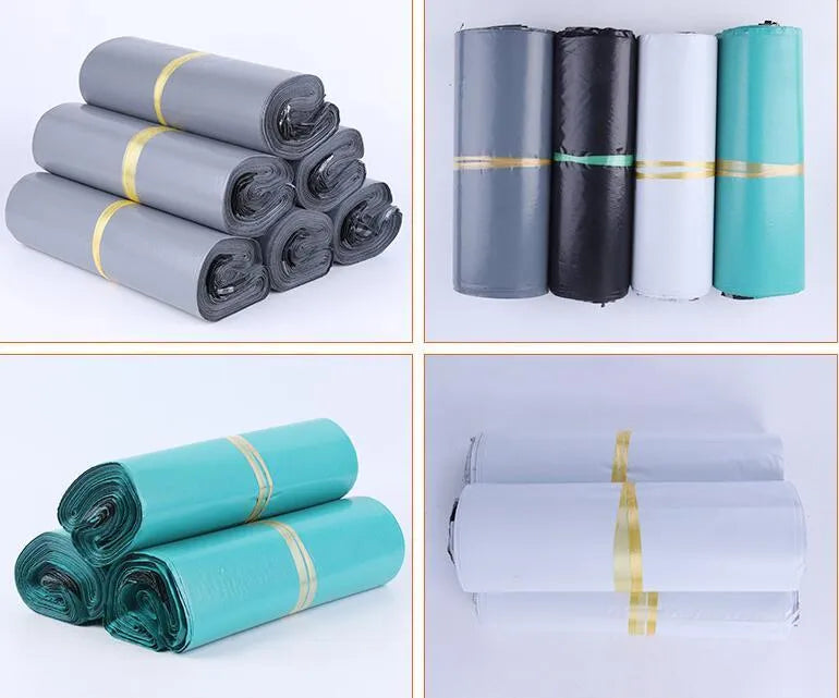 Bundle of 100 white self-seal PE courier bags with size and colour options shown.