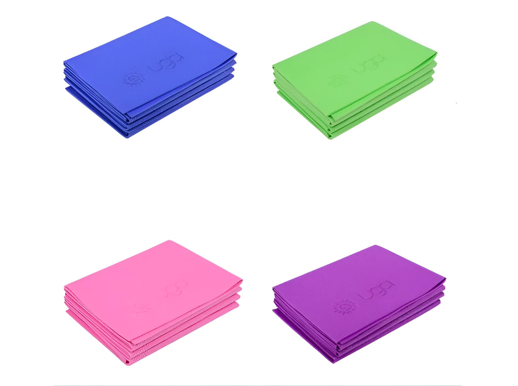 Foldable PVC yoga mat in blue, green, pink, or purple, 4mm or 5mm thick, folded for storage and travel