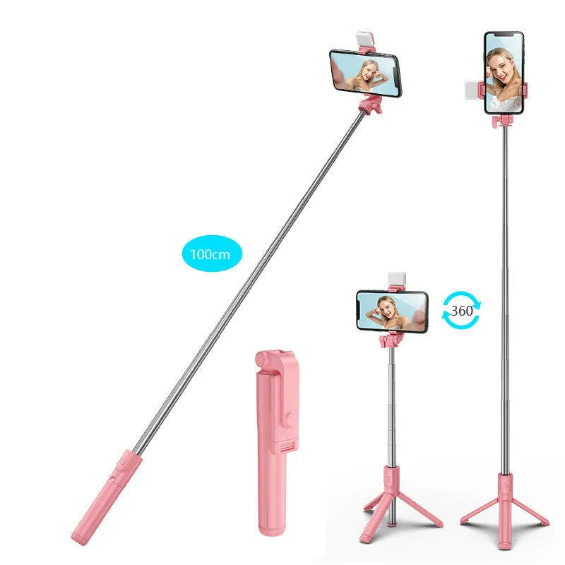 Aluminium Bluetooth selfie stick and tripod with phone holder in black, extended for use.