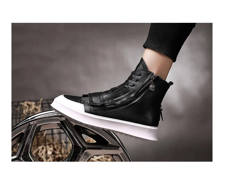 Men's black and white PU leather ankle boots with microfiber upper in high-top sneaker style.