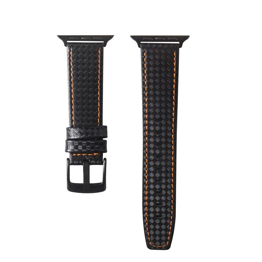 Apple Watch compatible leather strap with carbon fibre pattern case in multiple colours