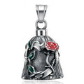 Titanium steel vintage polished motorcycle lucky bell with double-sided epoxy rose design in retro steel colour