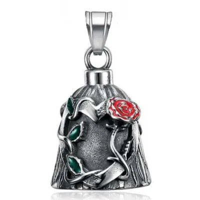 Titanium steel vintage polished motorcycle lucky bell with double-sided epoxy rose design in retro steel colour