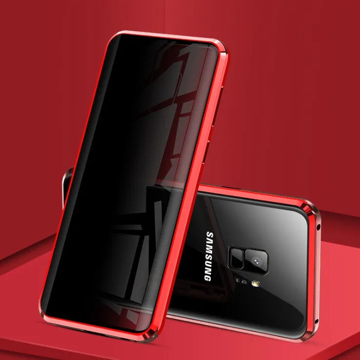Magnetic privacy phone case for Samsung Galaxy with double-sided glass construction in black colour