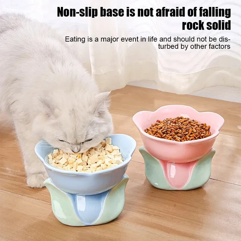 Blue ceramic elevated pet bowl with floral pattern and non-slip base for cats and small dogs.