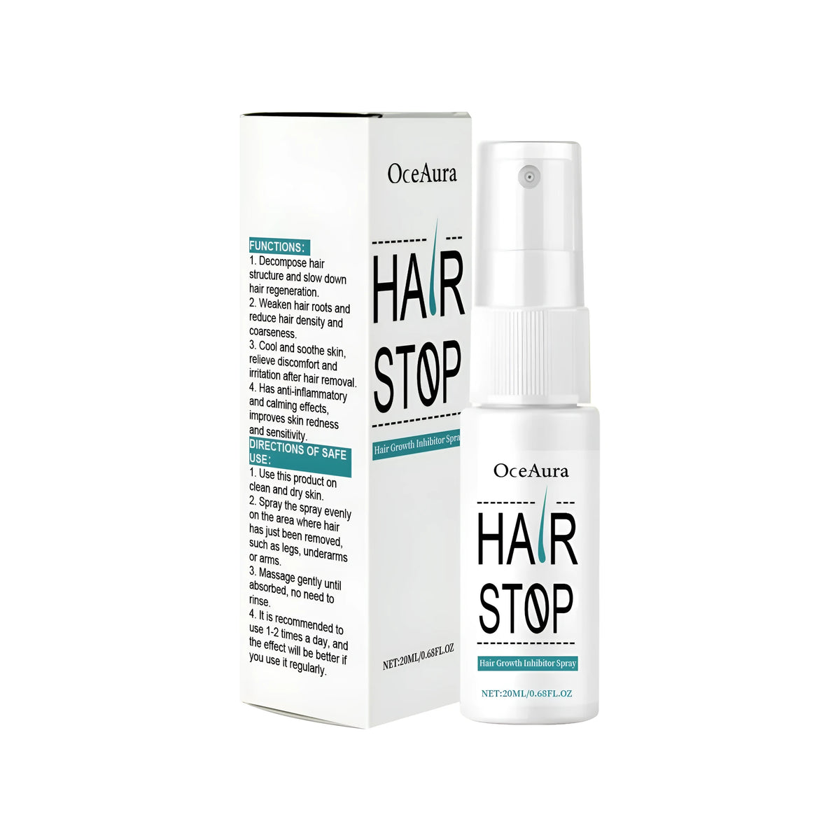 20ml hair growth inhibitor spray bottle with aloe extract and allantoin for post hair removal skin care.