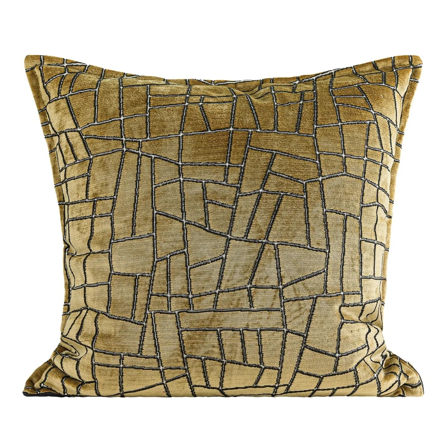 Tuhao gold geometric abstract pattern on a velvet square cushion cover and lumbar pillow.