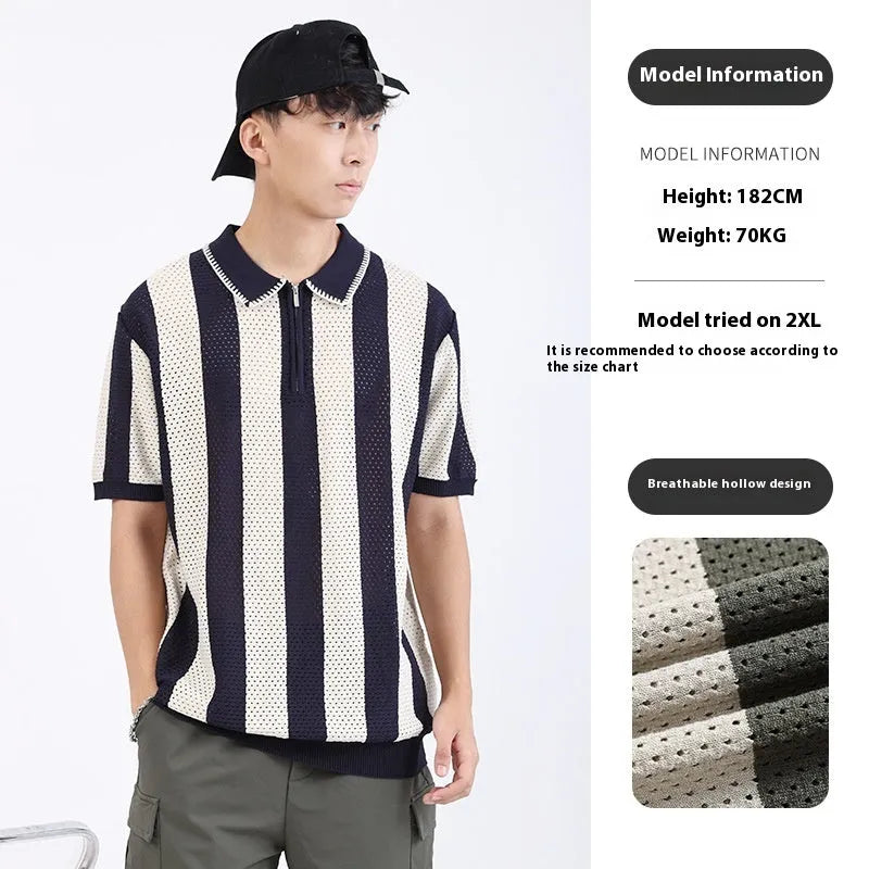Man wearing a striped short sleeve ice silk sweater with decorative zipper details in a blue colour.