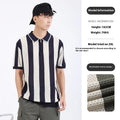 Man wearing a striped short sleeve ice silk sweater with decorative zipper details in a blue colour.