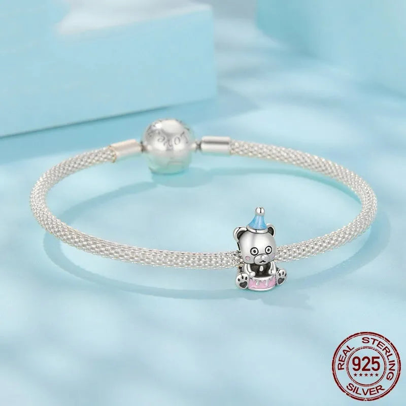 S925 sterling silver birthday cake bear bead, 1.4cm by 0.9cm, 0.45cm aperture, SCC3120 dripping oil colour